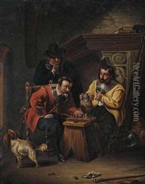 Playing Chessat A Fireplace. Oil Painting - Eduard Ritter