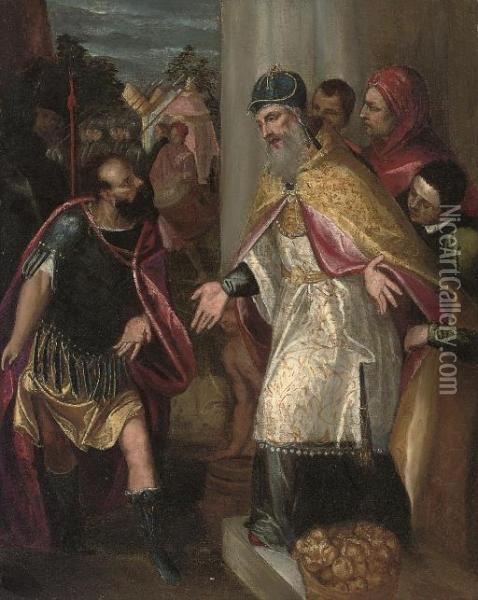 The Emperor Theodosius Refused Admission To The Church By Saint Ambrose Oil Painting - Jacopo Robusti, II Tintoretto