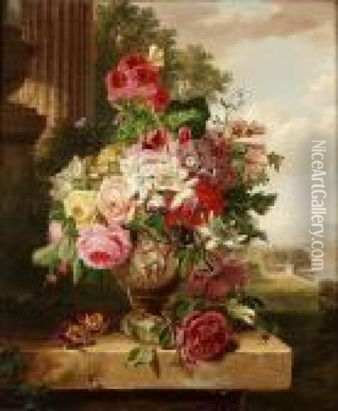 Still Life Of Flowers In An Urn On A Ledge, A Landscape Beyond Oil Painting - John Wainwright