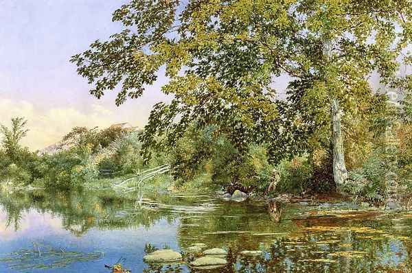 River Landscape with Boy Fishing Oil Painting - John Hill