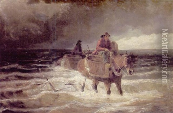 Pecheur De Crevettes A Cheval En Mer Du Nord Oil Painting - Edmond Joseph De Pratere