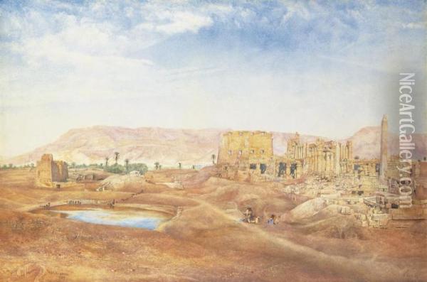 View Of The Temple Of Karnak From The Sacred Lake Oil Painting - Henry Roderick Newman