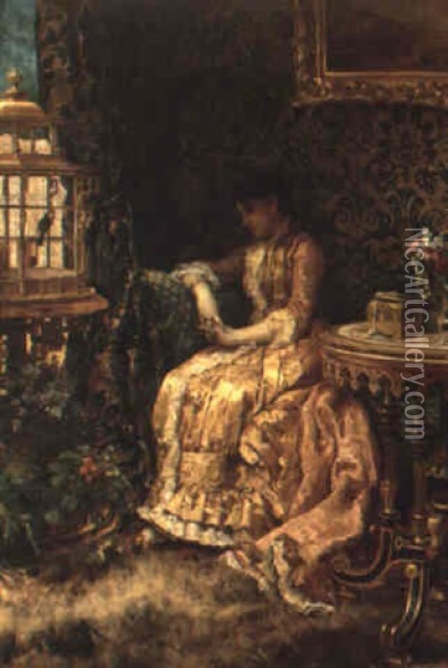 A Pensive Young Woman Sitting In And Interior Oil Painting - Alberto Vianelli