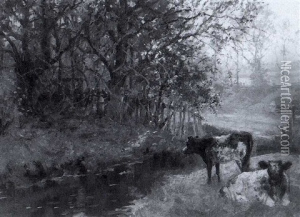 Cattle Grazing Beside A Stream Oil Painting - J. Valentine Davis