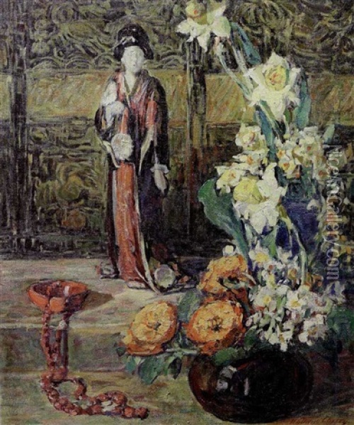 Still Life With Asian Figurine And Vase Of Flowers Oil Painting - Kathryn E. Bard Cherry