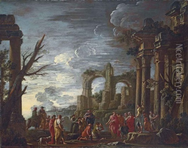 A Capriccio Landscape With A King And Other Figures Amidst Classical Ruins Oil Painting - Giovanni Ghisolfi