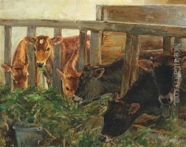 Cowshed With Eating Calves Oil Painting - Niels Pedersen Mols