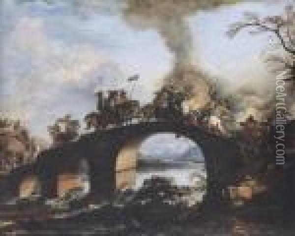 Cavalry Skirmish On A Bridge Oil Painting - Jacques Courtois Le Bourguignon