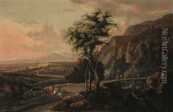 An extensive mountain landscape, with a hawking party on a road by a bridge Oil Painting - Jan Gabrielsz. Sonje