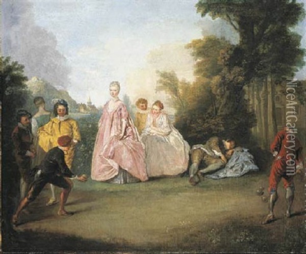 A Wooded Landscape With Elegant Company Playing Bowls, A Country House Beyond Oil Painting - Philip Mercier