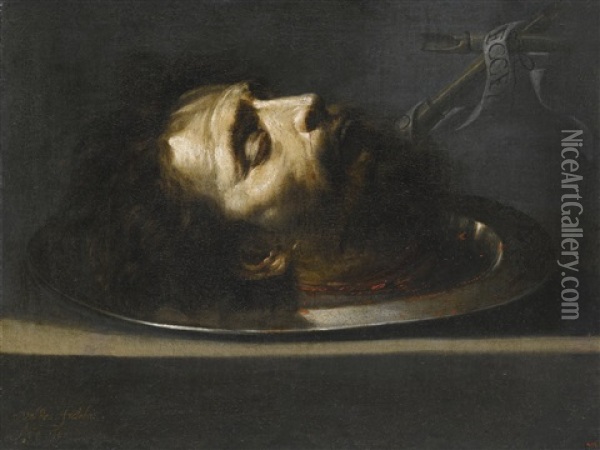 The Head Of Saint John The Baptist, On A Pewter Platter Oil Painting - Sebastian de Llanos Valdes