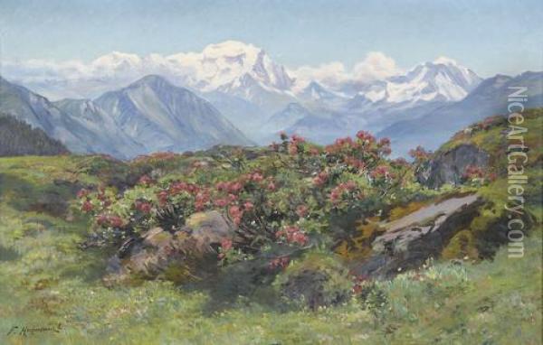 Sommerliche Alp Mit Blick Auf Den Mont-blanc Oil Painting - Fritz Edouard Huguenin-Lassauguette