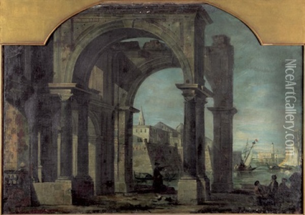 Venezianisches Capriccio Mit Saulenportikus Oil Painting - Bernardo Bellotto