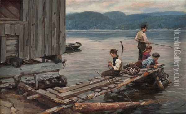 Pier With Fishing Boys Oil Painting - Jahn Ekenaes