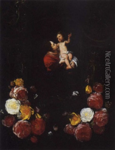 Madonna Con Bambino Entro Nicchia Di Pietra Con Ornamento A Voluta E Festone Di Fiori Oil Painting - Daniel Seghers