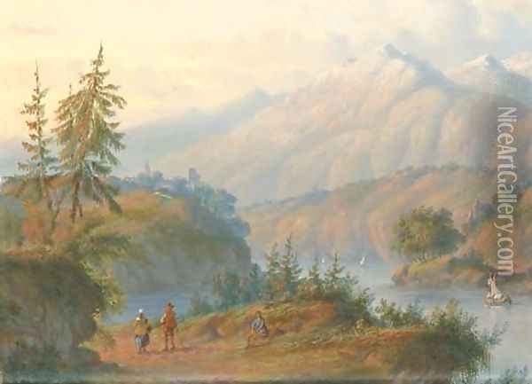 Figures in an Alpine landscape Oil Painting - Carl Eduard Ahrendts