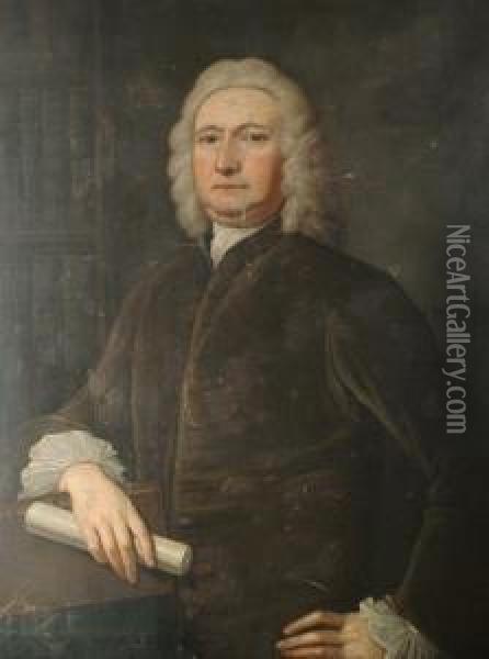 Portrait Of A Gentleman, Half-length, In A Brown Coat And Holding A Scroll Oil Painting - Thomas Gibson