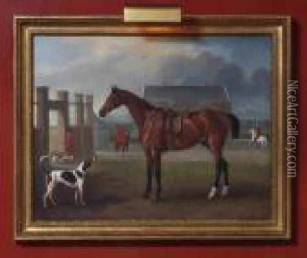 The Bay Hunter Gillingham 
Outside The Quorn Kennels With Huntsman George Montford And Whips W. 
Darby And T. Ball Oil Painting - John Snr Ferneley