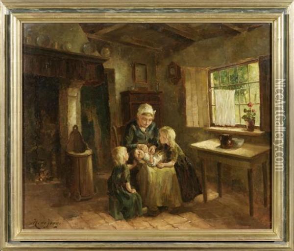 Family In A Peasant Interior Oil Painting - J.H. De Jonge