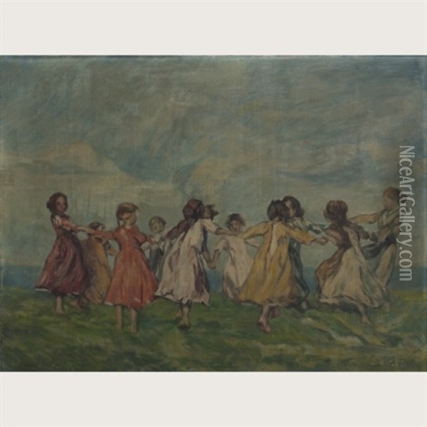Young Girls Dancing In A Field Oil Painting - Jenoe Szigeti
