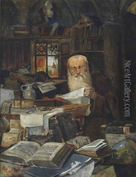 A Rabbi Scholar In His Study Oil Painting - Julius Fehr