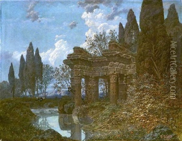Tempelruine Am Ufer Eines Flusses Oil Painting - Ferdinand Knab
