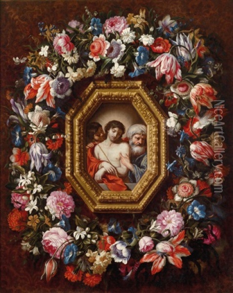 Blumengirlande Mit Christus Oil Painting - Francesco Mantovano