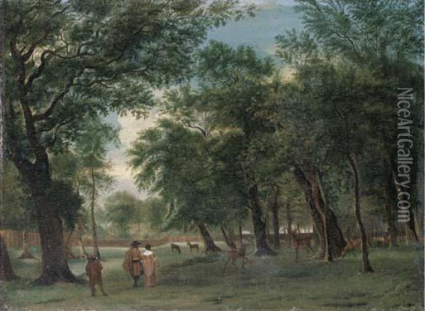 An Elegant Couple Walking In A Deer Park Oil Painting - Adrian Van De Velde