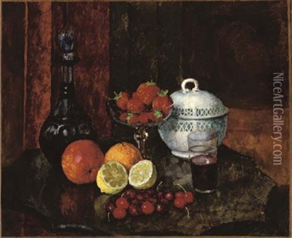 Still Life With Strawberries, Cherries And A Blue Eecanter Oil Painting - Ilya Ivanovich Mashkov