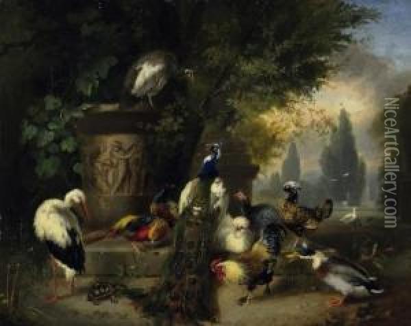 In The Park. Numerous Poultry 
And A Tortoise By An Old Well. Signed Right On The : Jul. Scheuerer Oil Painting - Julius Scheurer