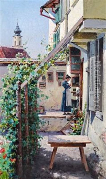 A Backyard (lindau) Oil Painting - Aleksei Danilovich Kivshenko