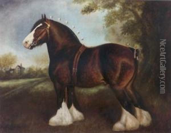 The Shire Stallion 'chorlton Fear None' Oil Painting - Herbert Jones