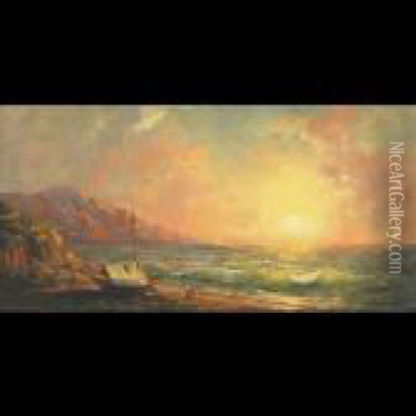 Sunset Over Stormy Seas Oil Painting - Lef Feliksovich Lagorio