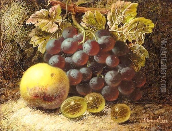 Grapes, gooseberries, and an apple, on a mossy bank Oil Painting - Oliver Clare