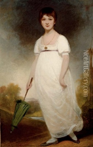 The Rice Portrait Of Jane Austen In A White Dress, Holding A Green Parasol In A Landscape Oil Painting - Ozias Humphry
