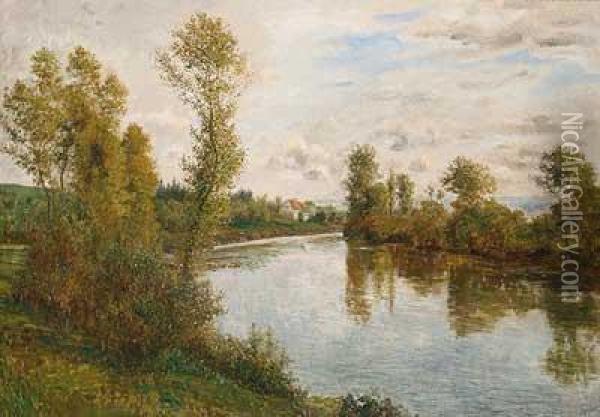 Sommerlicher Flusslauf Mit Gehoft Oil Painting - Julius Kornbeck