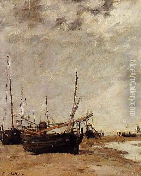 Low Tide, Grounded Sailboats Oil Painting - Eugene Boudin