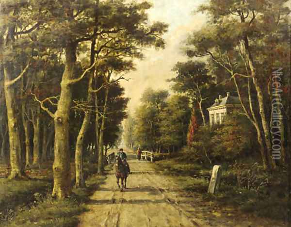 A horseman riding on a country lane Oil Painting - Adriaan Marinus Geijp