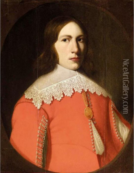 Portrait Of A Young Man, Half Length, Wearing A Red Doublet And A White Ruff Oil Painting - Antonie Palamedesz