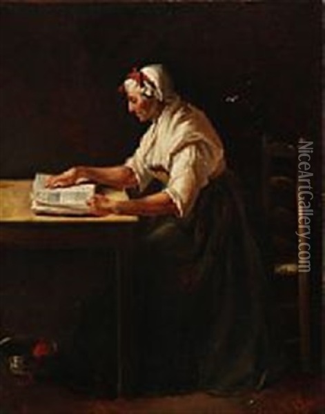 A Peasant Woman Reading In The Evening Oil Painting - Johann Julius Exner