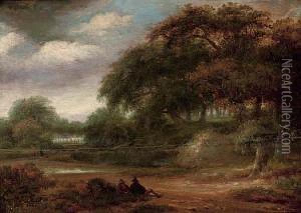 A Wooded River Landscape With Travellers Resting On A Track Oil Painting - Salomon Rombouts