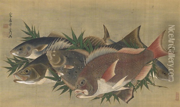 Group Of Fish Oil Painting - Miki Bunryu