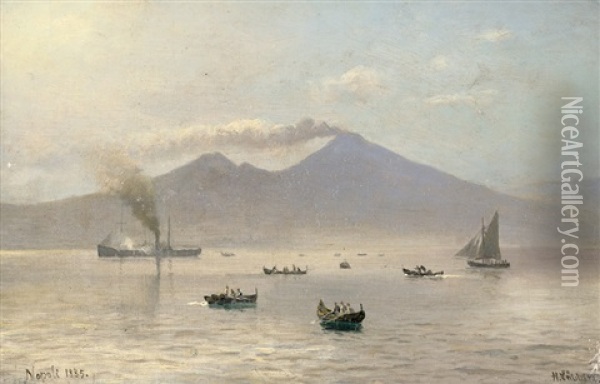 Schiffe Am Golf Von Neapel, Im Hintergrund Der Rauchende Vesuv Oil Painting - Holger Luebbers