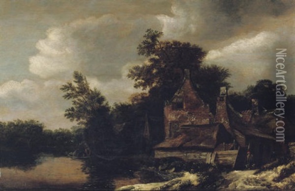 A Wooded River Landscape With A Peasant Carrying Buckets Outside A Cottage, A Fisherman In A Boat Nearby Oil Painting - Cornelis Gerritsz Decker