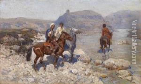 Circassian Horsemen Crossing A Ford Oil Painting - Franz Roubaud