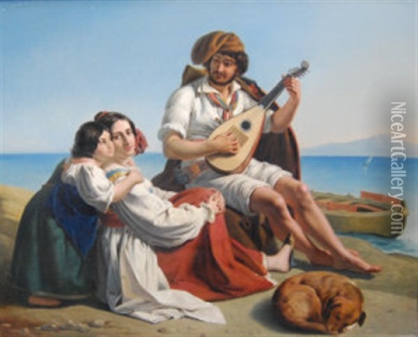 A Musician And Two Women Seated On The Shores Of The Neapolitan Coast Oil Painting - August Heinrich Riedel