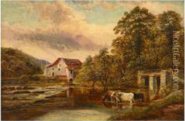 Cows Watering By Old Snuffy Jacks Water Mill On Theriver Frome Oil Painting - William Vivian Tippet