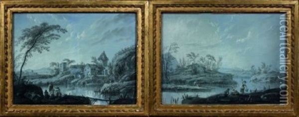 Repos De Paysans Et Pecheurs Dans Un Paysage De Riviere (+ Another; Pair) Oil Painting - Jean Baptiste Pillement