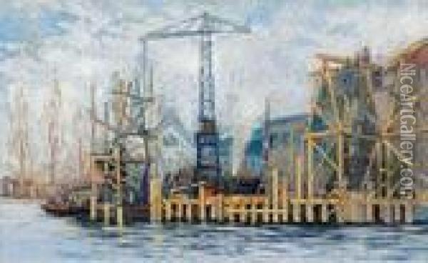 Darstellung Umfangreicher Fundamentarbeiten In Einem Hafen Oil Painting - Heinrich Hermanns