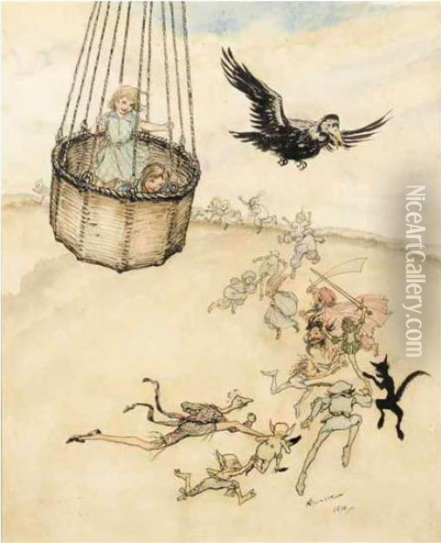 Two Children In The Basket Of A 
Balloon Accompanied By A Rook Soaring Above The Zankiwank And Other 
Running Figures Oil Painting - Arthur Rackham